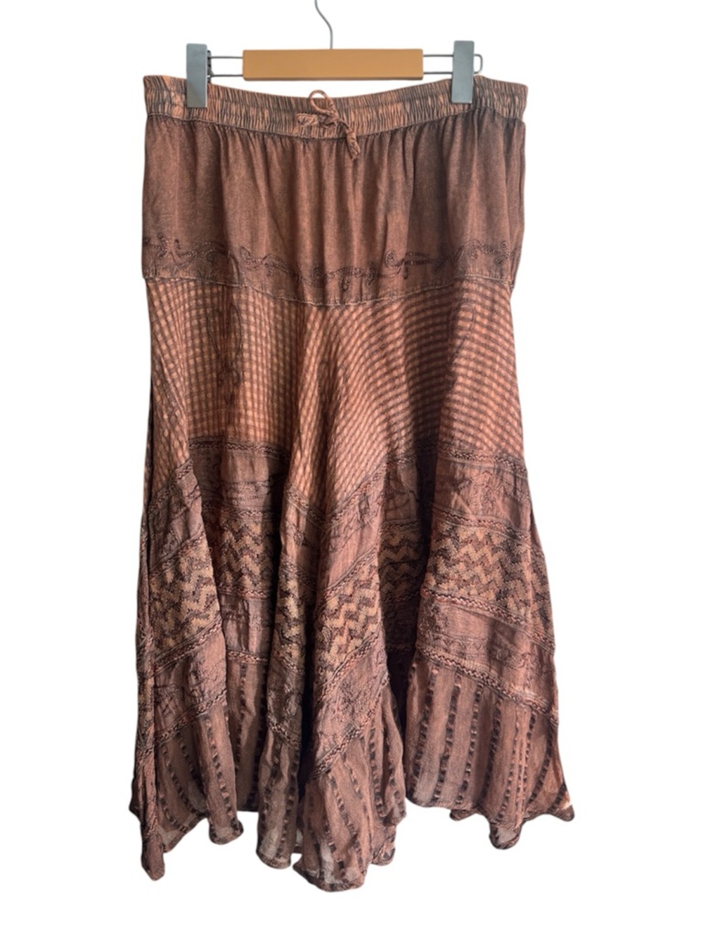 Papa Boho Hippie Cottagecore Midi Peasant Skirt Brown Tiered Flowy Festival